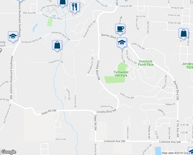 map of restaurants, bars, coffee shops, grocery stores, and more near 3216 Crosby Boulevard Southwest in Tumwater