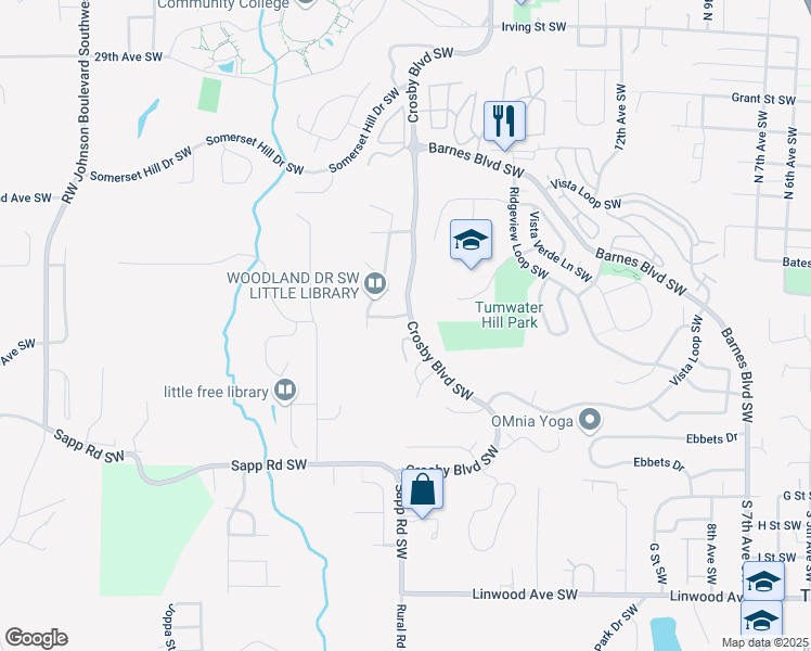 map of restaurants, bars, coffee shops, grocery stores, and more near 3216 Crosby Boulevard Southwest in Tumwater