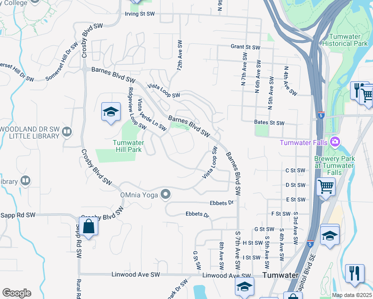 map of restaurants, bars, coffee shops, grocery stores, and more near 3235 Vista Verde Lane Southwest in Olympia