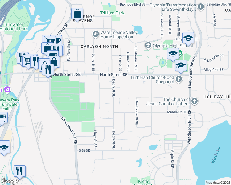 map of restaurants, bars, coffee shops, grocery stores, and more near 3622 Hoadly Loop Southeast in Tumwater
