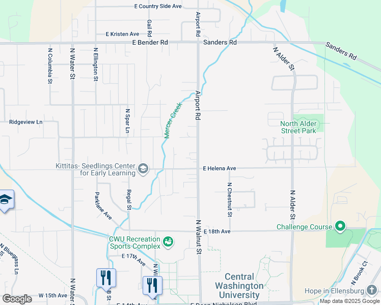 map of restaurants, bars, coffee shops, grocery stores, and more near 2207 Airport Road in Ellensburg