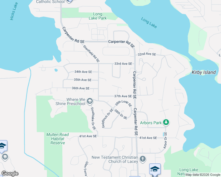 map of restaurants, bars, coffee shops, grocery stores, and more near 3603 Banbury Place Southeast in Lacey