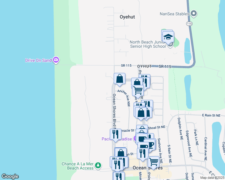 map of restaurants, bars, coffee shops, grocery stores, and more near 843 Ocean Shores Boulevard Northwest in Ocean Shores