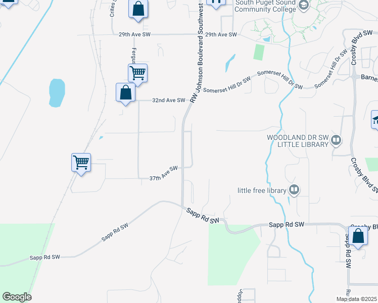 map of restaurants, bars, coffee shops, grocery stores, and more near 3643A Simmons Mill Court Southwest in Tumwater
