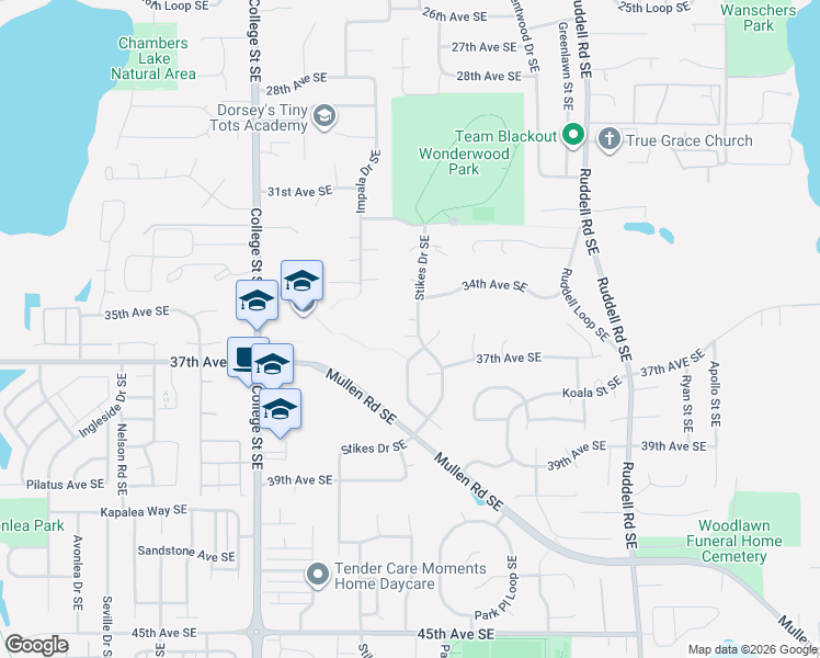 map of restaurants, bars, coffee shops, grocery stores, and more near 3603 Stikes Drive Southeast in Lacey