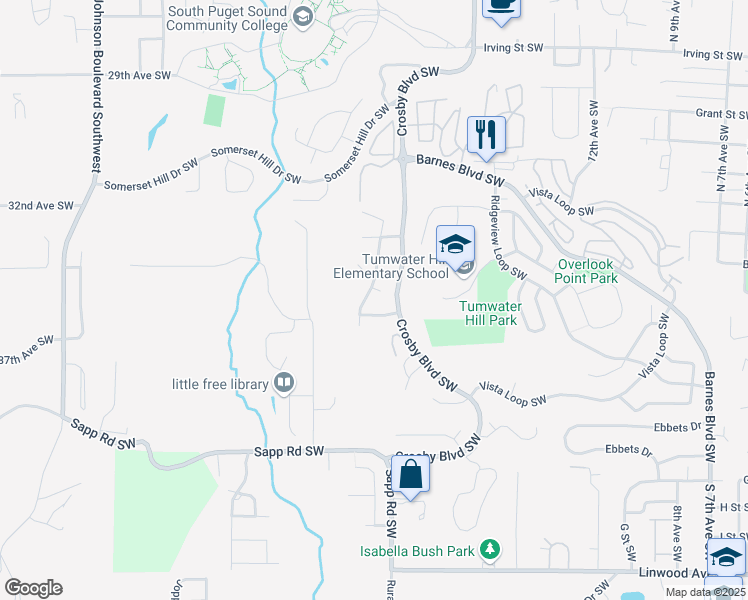 map of restaurants, bars, coffee shops, grocery stores, and more near 2105 Ridgeway Court Southwest in Tumwater