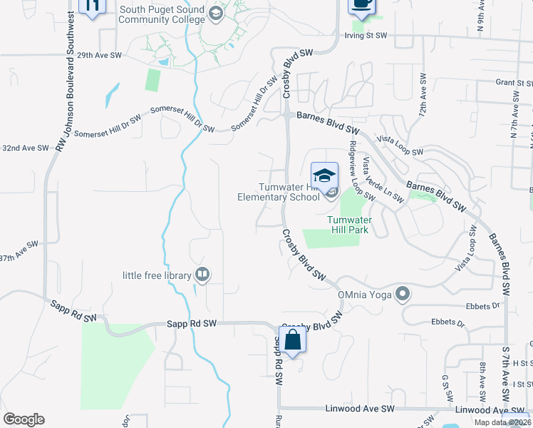 map of restaurants, bars, coffee shops, grocery stores, and more near 2105 Ridgeway Court Southwest in Tumwater