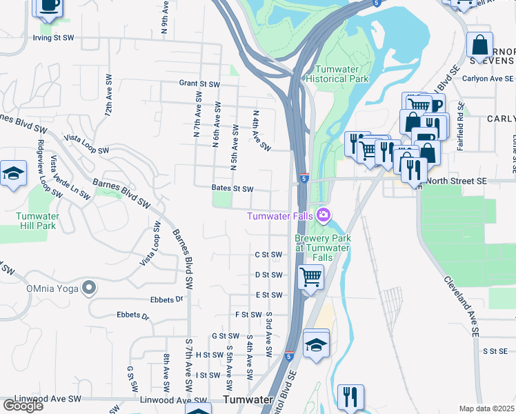 map of restaurants, bars, coffee shops, grocery stores, and more near 309 Bates Street Southwest in Tumwater