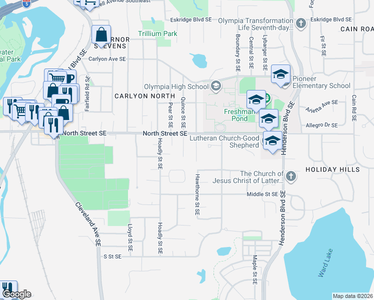 map of restaurants, bars, coffee shops, grocery stores, and more near 3518 Quince Street Southeast in Tumwater