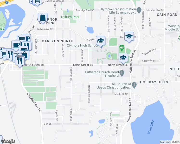 map of restaurants, bars, coffee shops, grocery stores, and more near 1304 North Court Southeast in Olympia