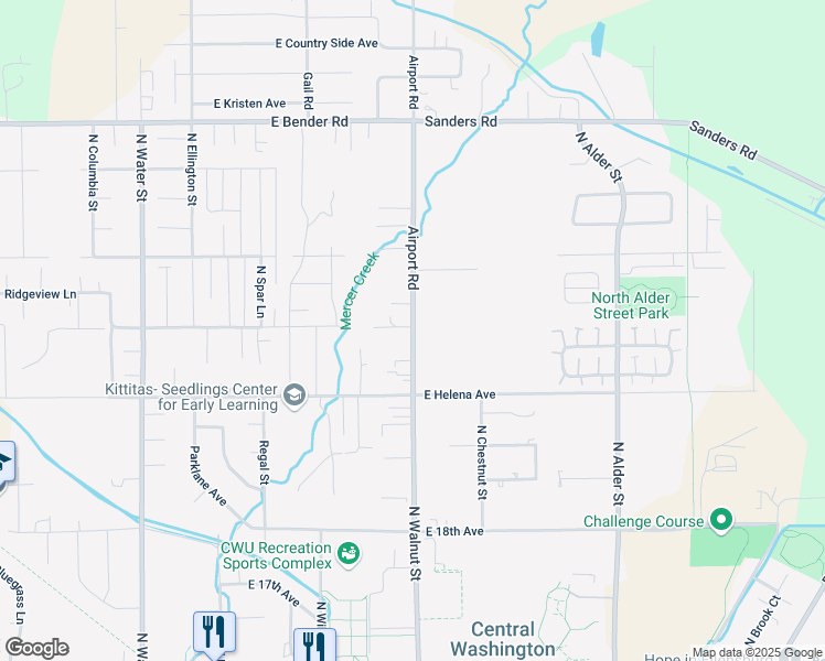 map of restaurants, bars, coffee shops, grocery stores, and more near 2307 Airport Road in Ellensburg
