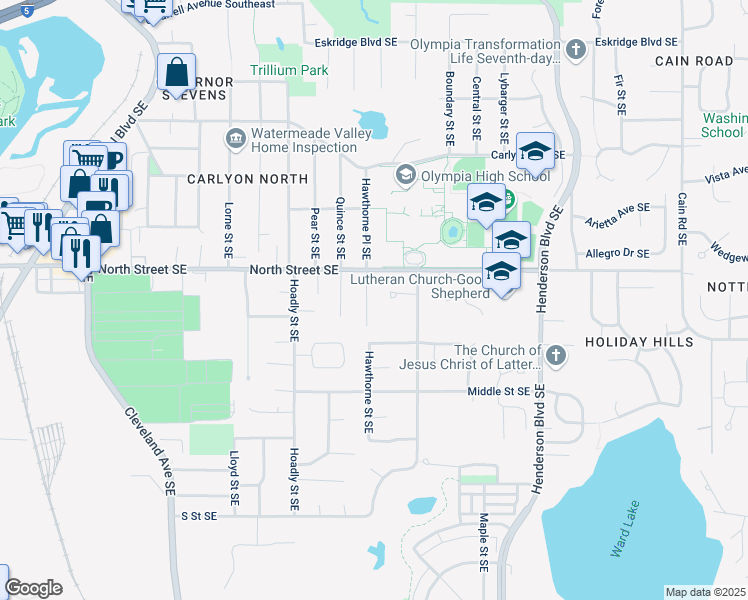 map of restaurants, bars, coffee shops, grocery stores, and more near 1304 North Court Southeast in Olympia