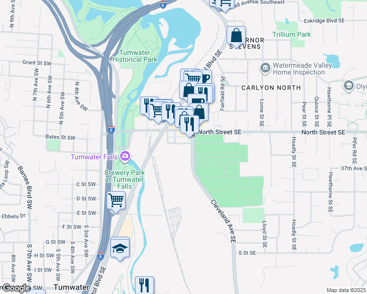 map of restaurants, bars, coffee shops, grocery stores, and more near 515 Bates Street Southeast in Tumwater