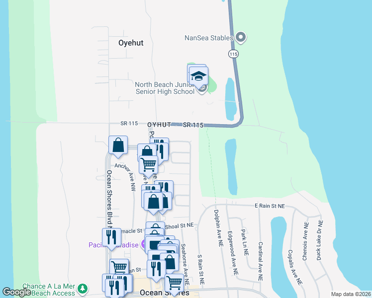 map of restaurants, bars, coffee shops, grocery stores, and more near 148 Victoria Loop Northeast in Ocean Shores