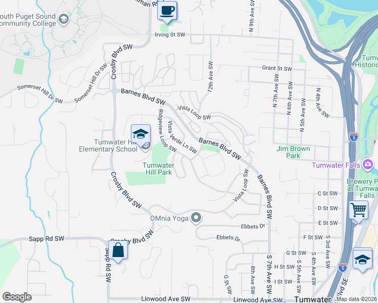 map of restaurants, bars, coffee shops, grocery stores, and more near 3171 Vista Verde Lane Southwest in Tumwater