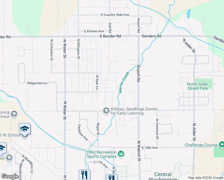map of restaurants, bars, coffee shops, grocery stores, and more near 2301 Brentwood Street in Ellensburg