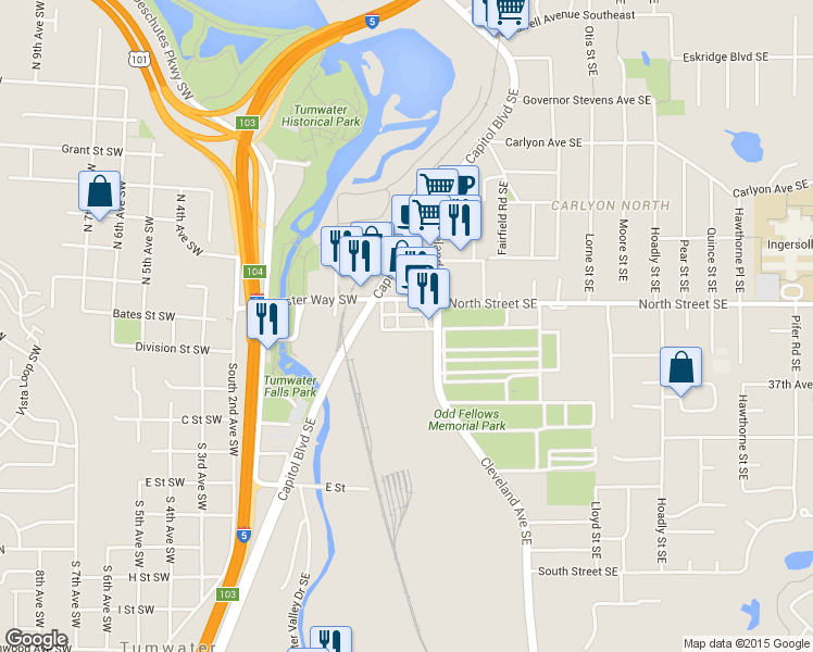 map of restaurants, bars, coffee shops, grocery stores, and more near 510 Bates Street Southeast in Tumwater