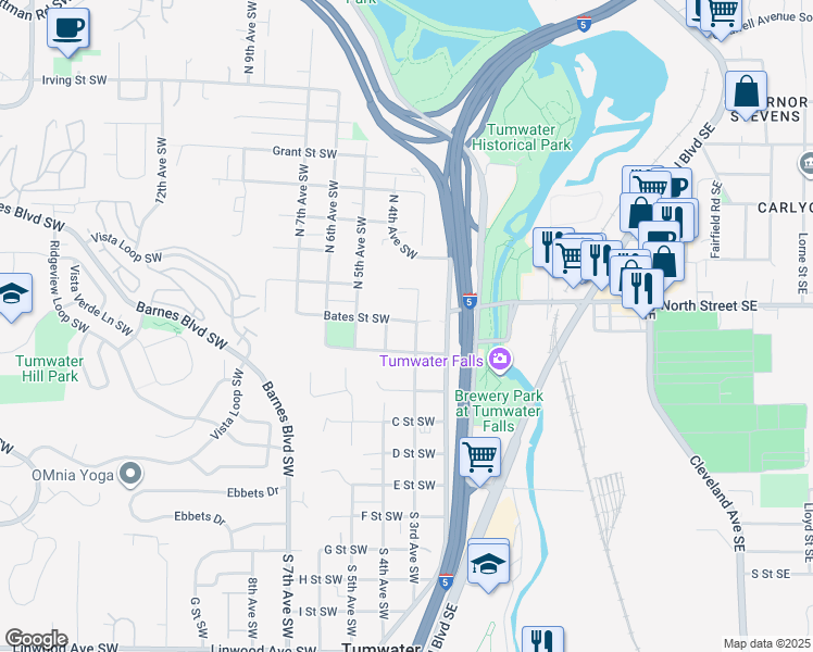 map of restaurants, bars, coffee shops, grocery stores, and more near 309 Bates Street Southwest in Tumwater