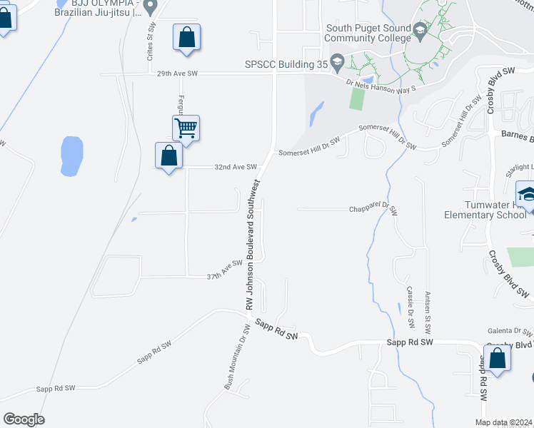 map of restaurants, bars, coffee shops, grocery stores, and more near 3450 Simmons Mill Court Southwest in Tumwater