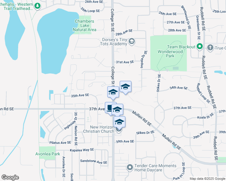 map of restaurants, bars, coffee shops, grocery stores, and more near 3500 Block Of College Road SE Open in Lacey