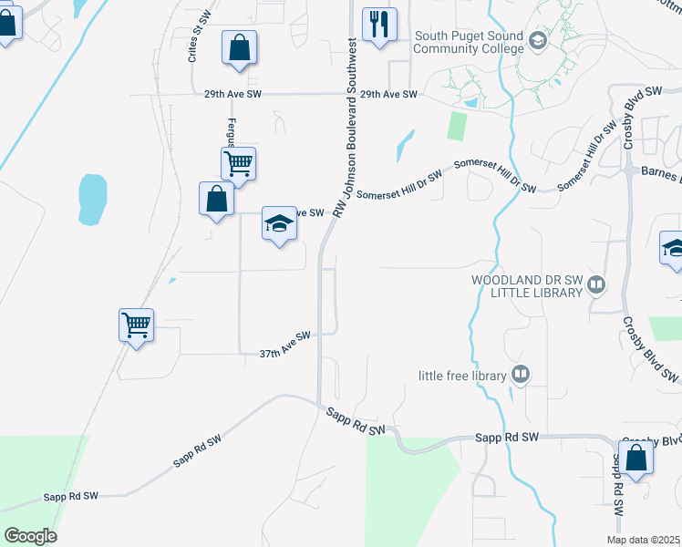 map of restaurants, bars, coffee shops, grocery stores, and more near 3450 Simmons Mill Court Southwest in Tumwater