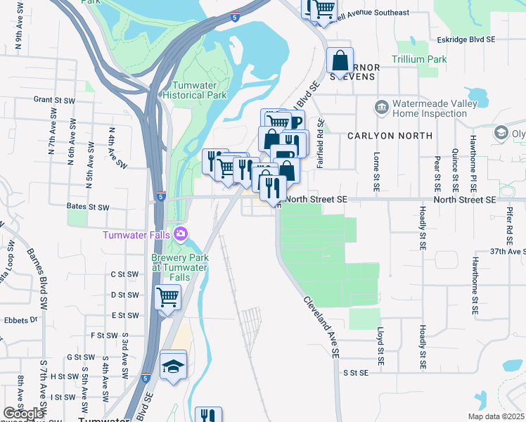map of restaurants, bars, coffee shops, grocery stores, and more near 510 Bates Street Southeast in Tumwater