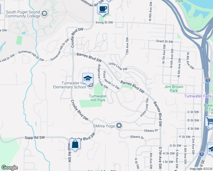 map of restaurants, bars, coffee shops, grocery stores, and more near 1782 Ridgeview Loop Southwest in Tumwater