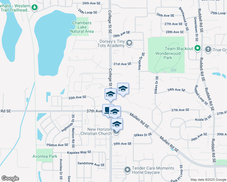 map of restaurants, bars, coffee shops, grocery stores, and more near 3500 Block Of College Road SE Open in Lacey