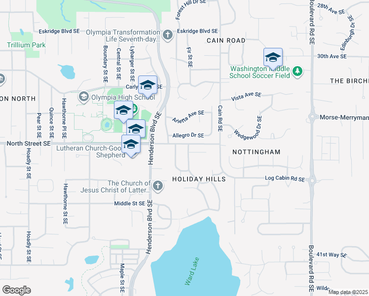 map of restaurants, bars, coffee shops, grocery stores, and more near 3505 Holiday Drive Southeast in Olympia