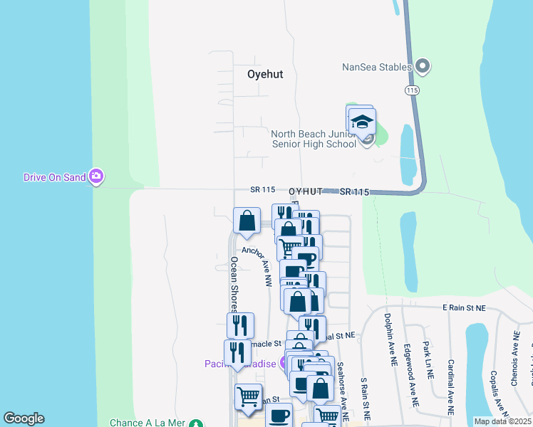 map of restaurants, bars, coffee shops, grocery stores, and more near 893 Ocean Shores Boulevard Northwest in Ocean Shores