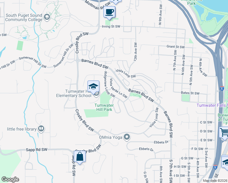 map of restaurants, bars, coffee shops, grocery stores, and more near 1782 Ridgeview Loop Southwest in Tumwater