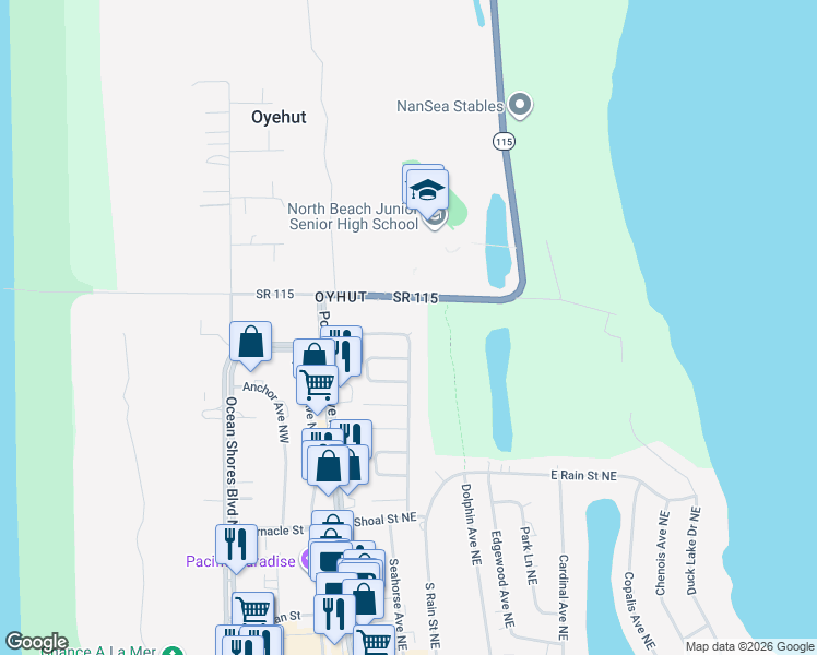 map of restaurants, bars, coffee shops, grocery stores, and more near 148 Victoria Loop Northeast in Ocean Shores