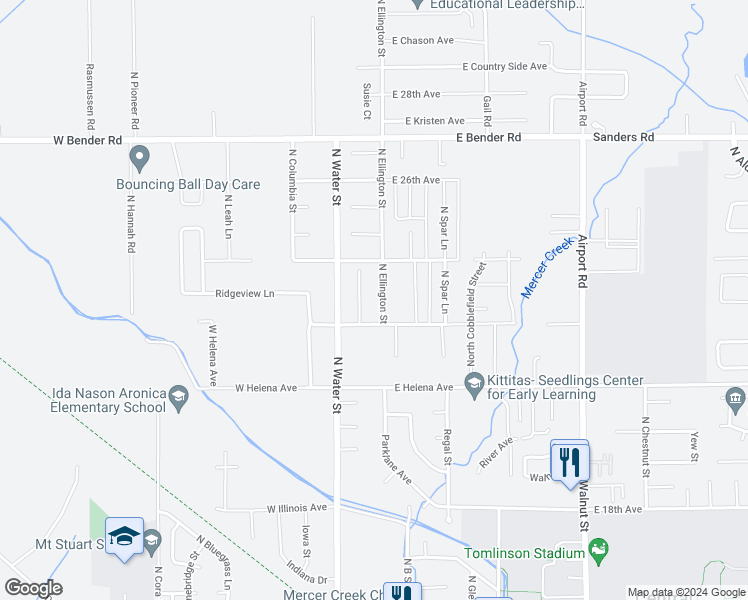 map of restaurants, bars, coffee shops, grocery stores, and more near 2307 Ellington Street in Ellensburg