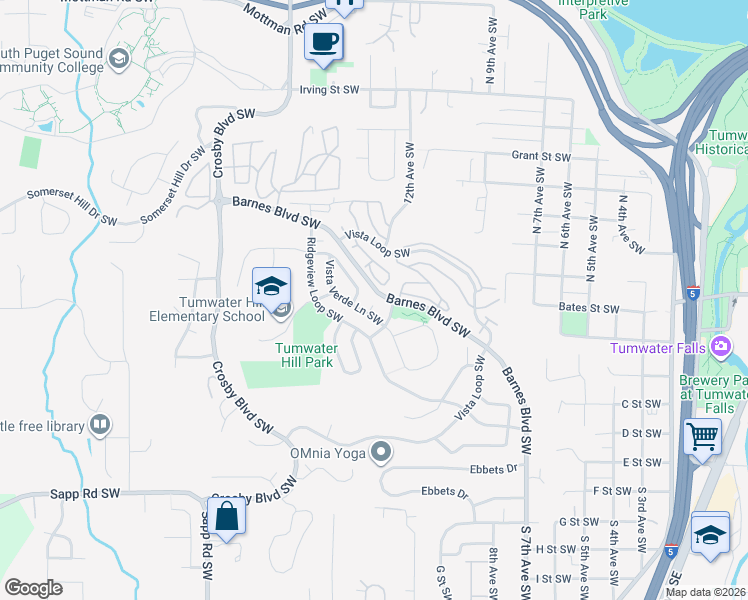 map of restaurants, bars, coffee shops, grocery stores, and more near 3196 Vista Verde Lane Southwest in Tumwater