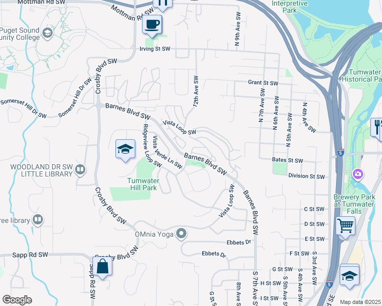 map of restaurants, bars, coffee shops, grocery stores, and more near 3196 Vista Verde Lane Southwest in Tumwater