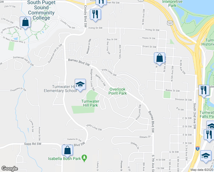 map of restaurants, bars, coffee shops, grocery stores, and more near 3128 Banks Lane Southwest in Tumwater
