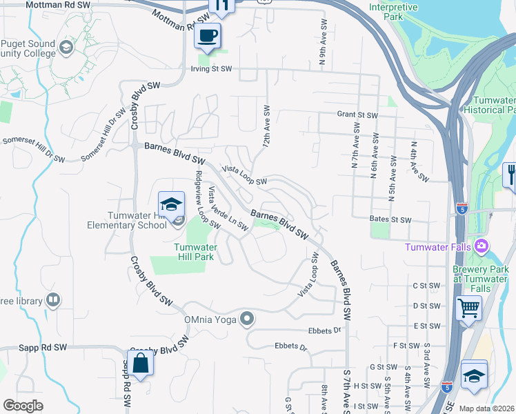 map of restaurants, bars, coffee shops, grocery stores, and more near 3042 Gardenia Lane Southwest in Tumwater