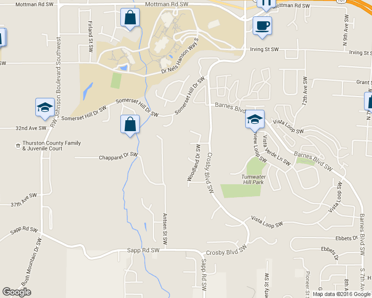 map of restaurants, bars, coffee shops, grocery stores, and more near 3117 Woodland Court Southwest in Tumwater