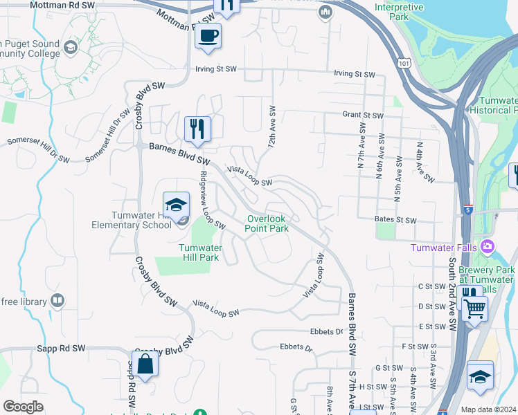 map of restaurants, bars, coffee shops, grocery stores, and more near 1704 Barnes Boulevard Southwest in Tumwater