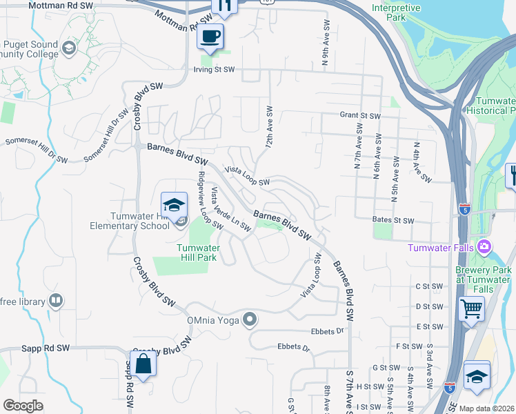 map of restaurants, bars, coffee shops, grocery stores, and more near 1704 Barnes Boulevard Southwest in Tumwater
