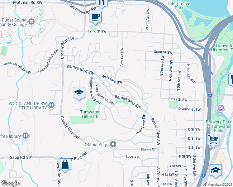 map of restaurants, bars, coffee shops, grocery stores, and more near 1704 Barnes Boulevard Southwest in Tumwater