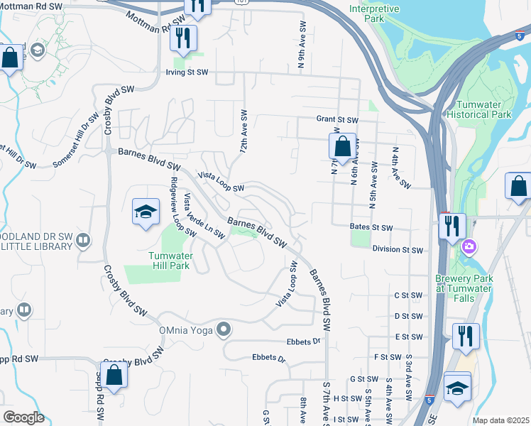 map of restaurants, bars, coffee shops, grocery stores, and more near 1636 Honeysuckle Lane Southwest in Tumwater
