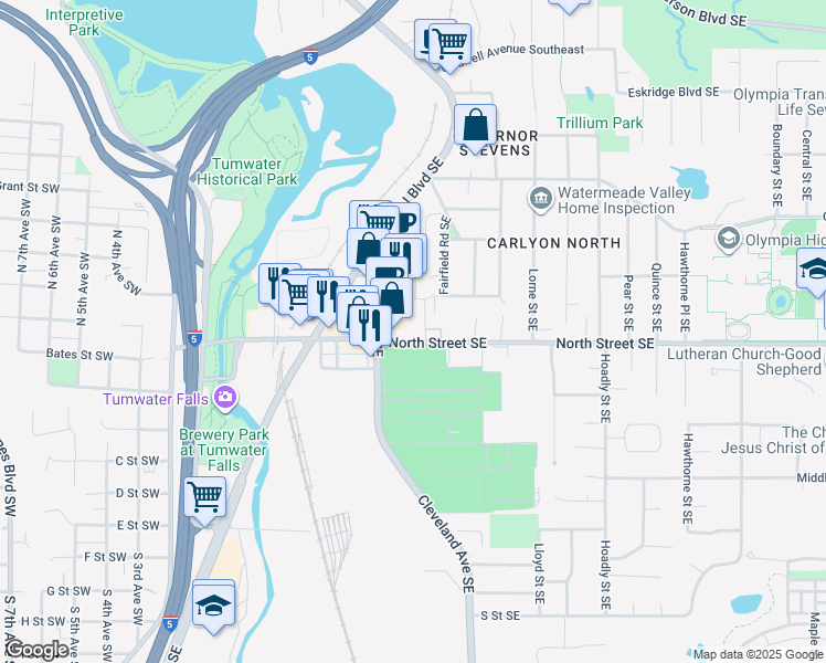 map of restaurants, bars, coffee shops, grocery stores, and more near 340 Cleveland Avenue Southeast in Tumwater