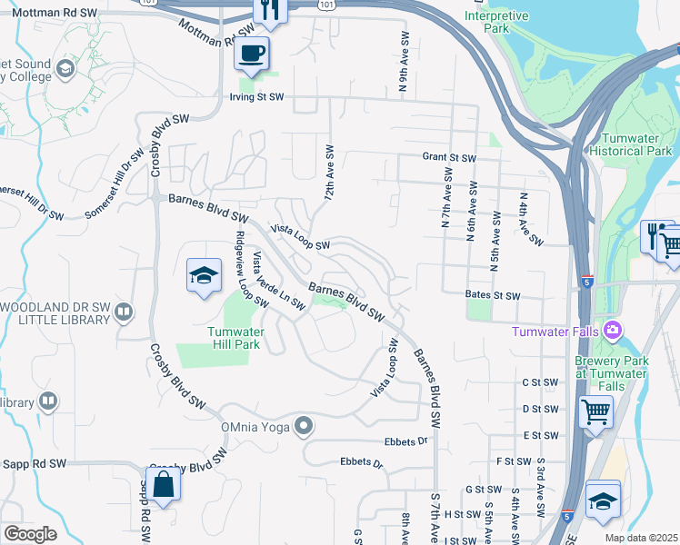 map of restaurants, bars, coffee shops, grocery stores, and more near 1650 Honeysuckle Lane Southwest in Tumwater