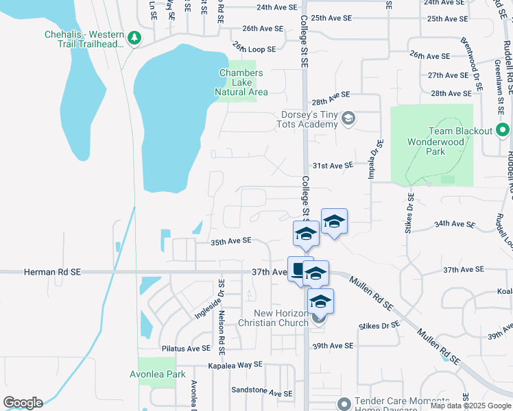 map of restaurants, bars, coffee shops, grocery stores, and more near 3301 College Street Southeast in Lacey