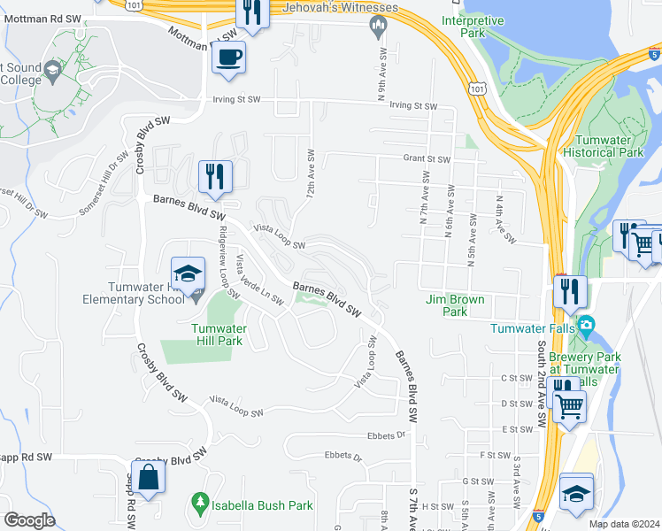 map of restaurants, bars, coffee shops, grocery stores, and more near 1650 Honeysuckle Lane Southwest in Tumwater