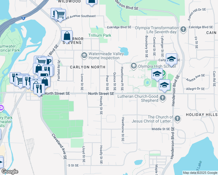 map of restaurants, bars, coffee shops, grocery stores, and more near 3326 Pear Street Southeast in Tumwater