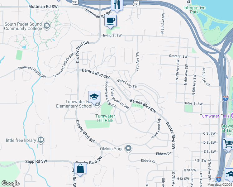 map of restaurants, bars, coffee shops, grocery stores, and more near 3070 Banks Lane Southwest in Tumwater
