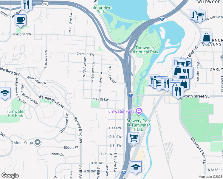 map of restaurants, bars, coffee shops, grocery stores, and more near 318 Clark Street Southwest in Tumwater