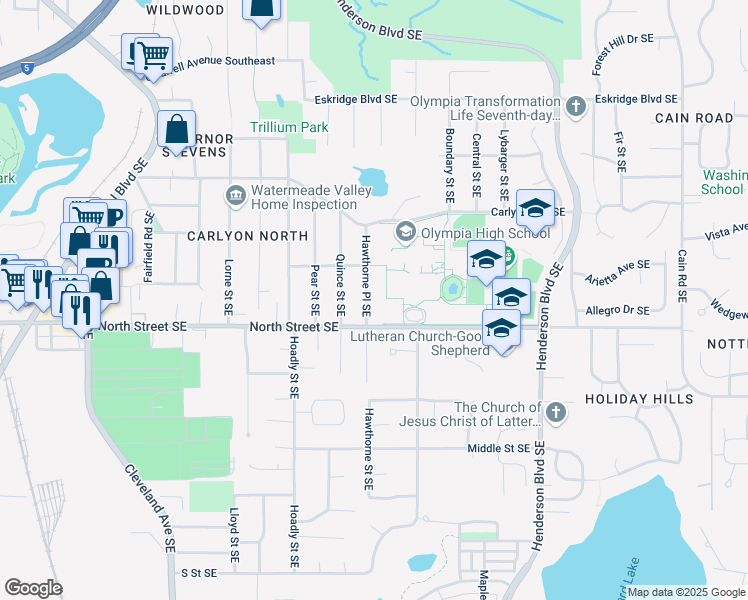 map of restaurants, bars, coffee shops, grocery stores, and more near 3302 Hawthorne Place Southeast in Tumwater